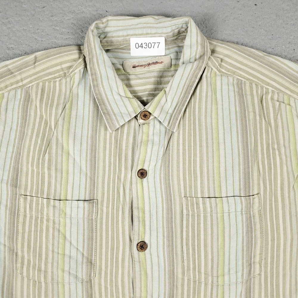 Tommy Bahama Mens XL Beige Striped Hawaiian Silk Button Up Short Sleeve Shirt
